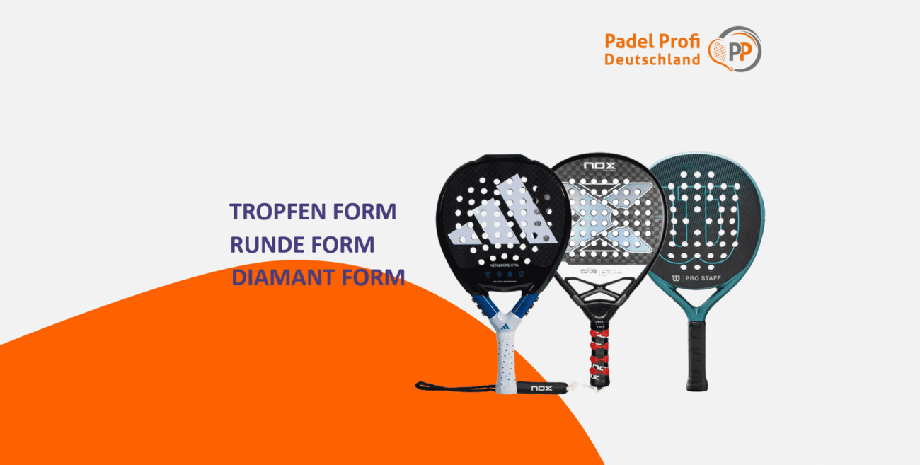 Drei Padelschläger mit verschiedenen Padelschläger-Formen sind auf weißem Hintergrund mit einer orangen Kurve am unteren Rand abgebildet. Die Schläger tragen die Aufschriften „Tropfen Form“, „Runde Form“ und „Diamant Form“. In der oberen rechten Ecke ist das Logo „Padel Profi Deutschland“ zu sehen.
