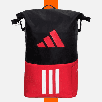 Ein schwarz-roter Rucksack mit einem großen roten Logo auf dem oberen Teil und drei weißen Streifen auf dem unteren roten Teil. Das Design ist schlicht und sportlich und verfügt über verstellbare Riemen auf beiden Seiten.