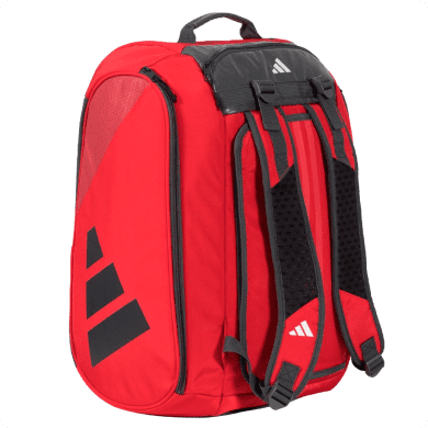 Rot-schwarzer Rucksack mit Tragegriff oben und verstellbaren, gepolsterten Schultergurten. Der Rucksack verfügt über ein aerodynamisches schwarzes Logodesign an der Seite.