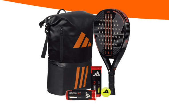 Padel-Ausrüstungsset mit einem schwarz-roten Schläger, einer passenden zylindrischen Tasche mit orangefarbenen Streifen, zwei Packungen Speed RX-Overgrips und einem gelben Ball.