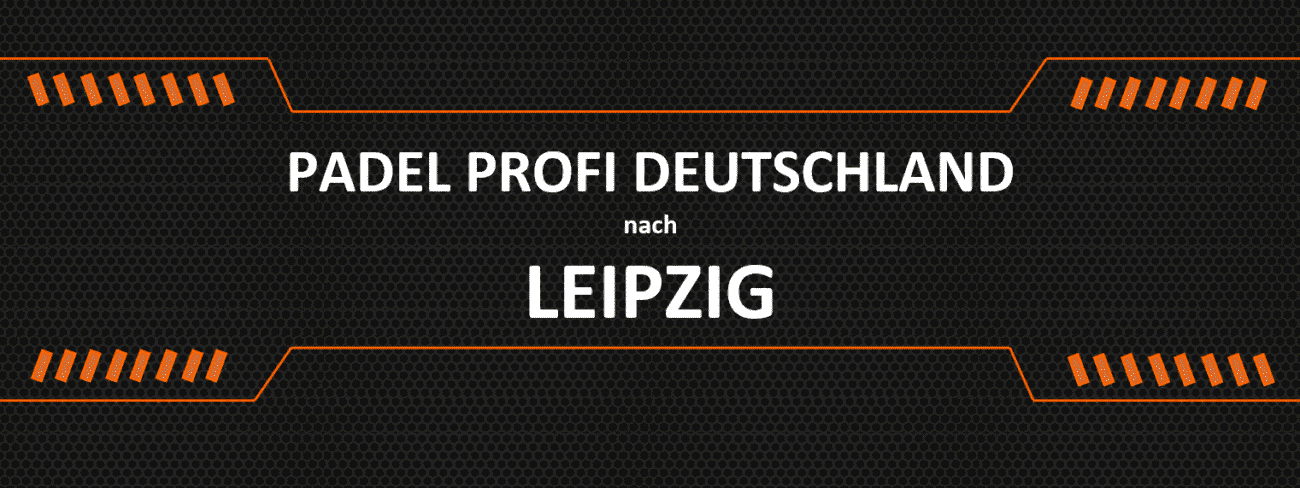 Der Text auf dunklem, strukturiertem Hintergrund mit orangefarbenen Akzenten lautet: „PADEL PROFI DEUTSCHLAND nach LEIPZIG.“ Besuchen Sie unseren Padel-Shop in Leipzig, um den perfekten Padelschläger für Ihr Spiel zu finden.