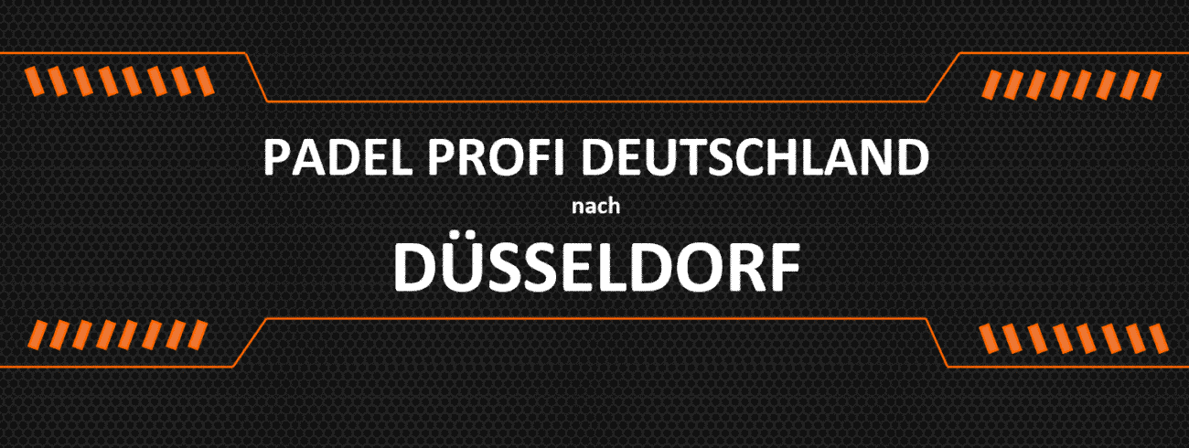 Der Text auf einem strukturierten schwarzen Hintergrund mit orangefarbenen Akzenten lautet: „PADEL PROFI DEUTSCHLAND nach DÜSSELDORF“ und präsentiert den besten Padel-Shop Düsseldorf für alle Ihre Padelschläger-Bedürfnisse.