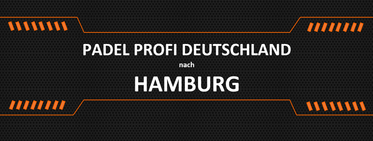 Ein dunkler gemusterter Hintergrund mit orangefarbenen Akzenten hebt den Schriftzug „PADEL PROFI DEUTSCHLAND nach HAMBURG“ hervor. Entdecken Sie Premium-Ausrüstung in unserem Padelshop in Hamburg.